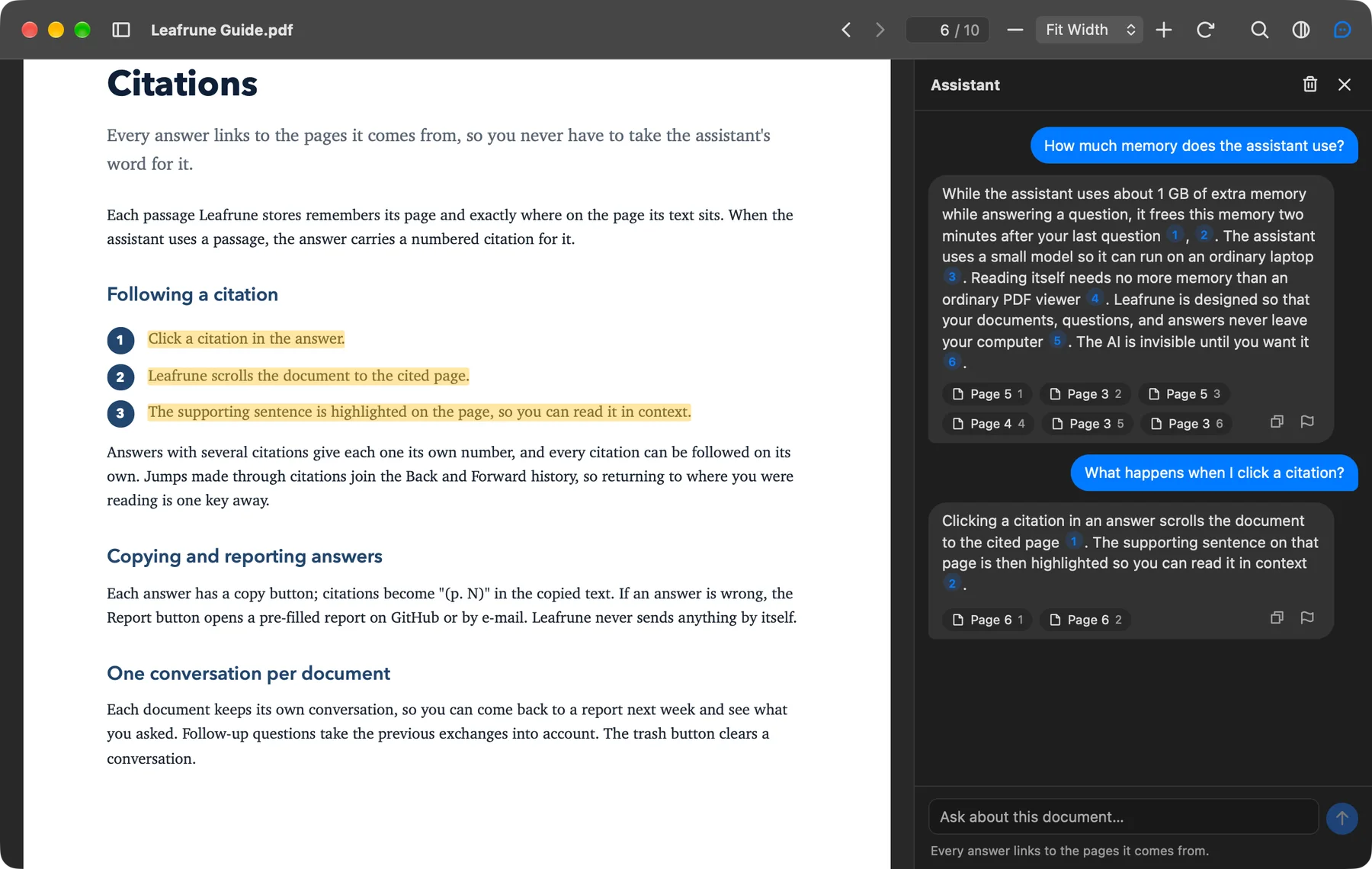 Leafrune answering a question with page citations, the cited passage highlighted on the page